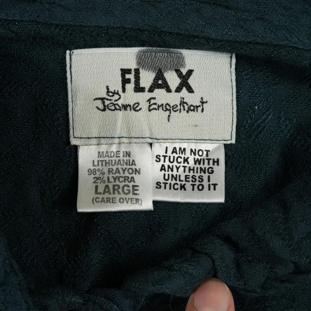 FLAX Button Up Top Womens L Green Rayon Blend Boxy Snap Front‎ Lagenlook Funnel